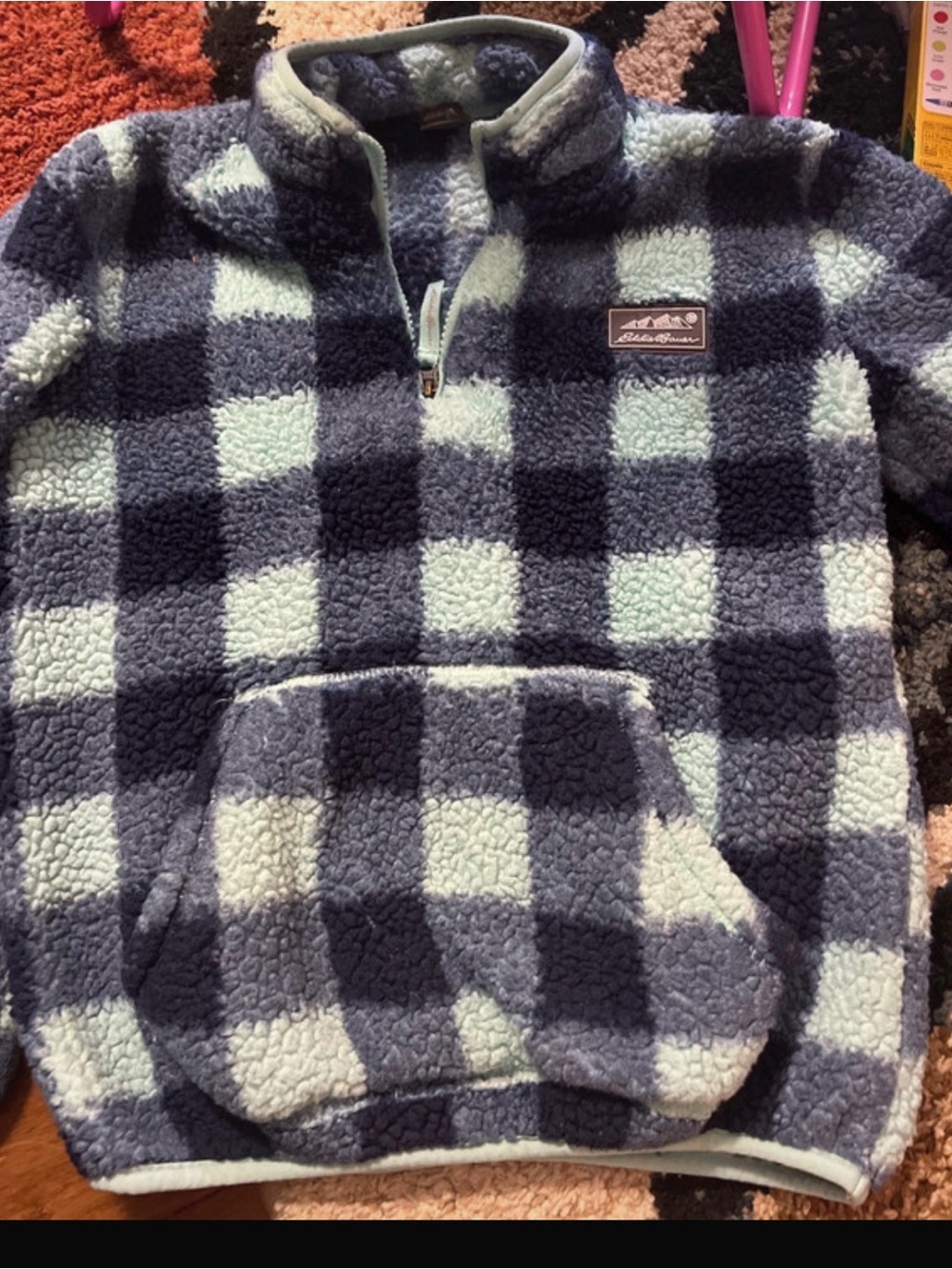 Eddie Bauer Kids Plaid Sherpa Pullover Jacket in Navy and Light Blue